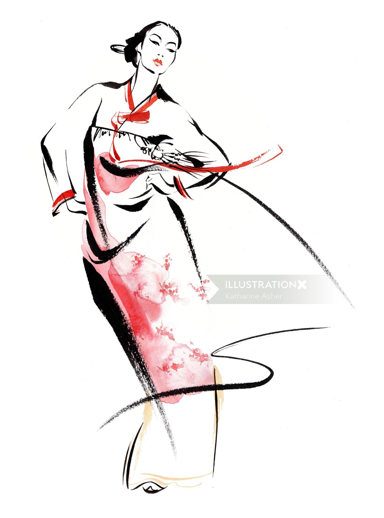 Ilustración de vestimenta tradicional coreana de Katharine Asher