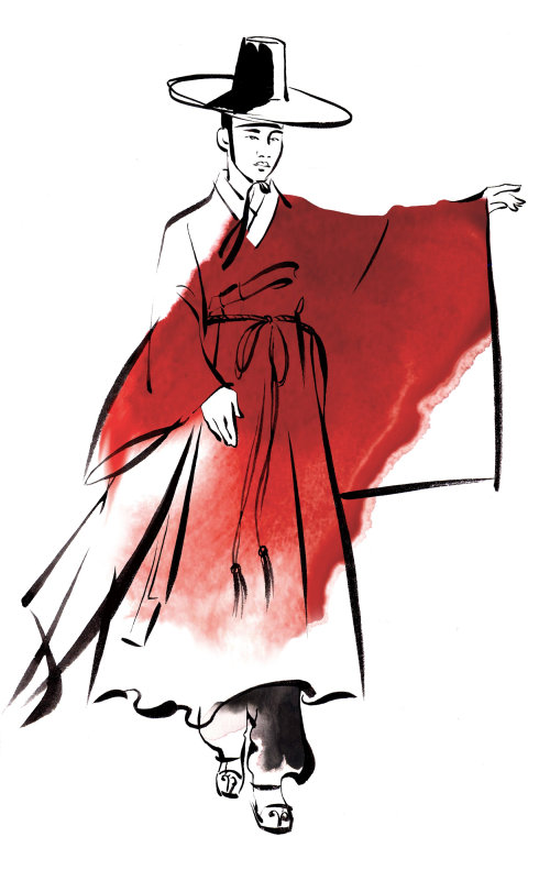 Ilustração de vestido tradicional coreano masculino por Katharine Asher