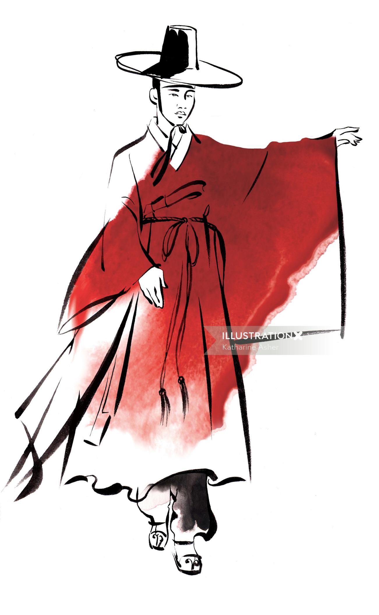 Ilustração de vestido tradicional coreano masculino por Katharine Asher