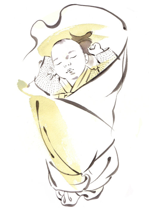 Ilustração de bebê dormindo por Katharine Asher