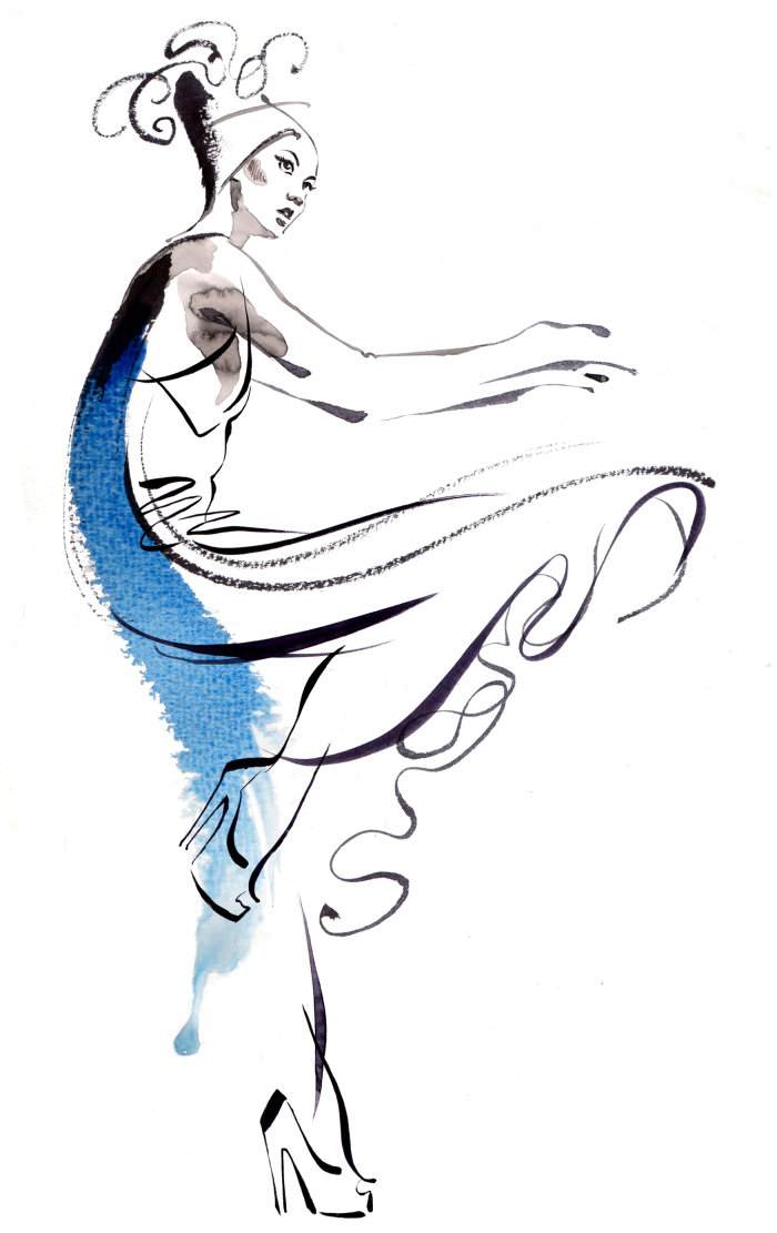 watercolor illustration of fashion dancing girl 