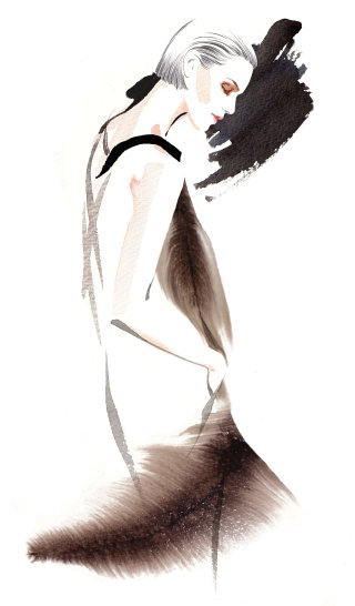 Ilustração de moda feminina de Georgio Armani por Katharine Asher 