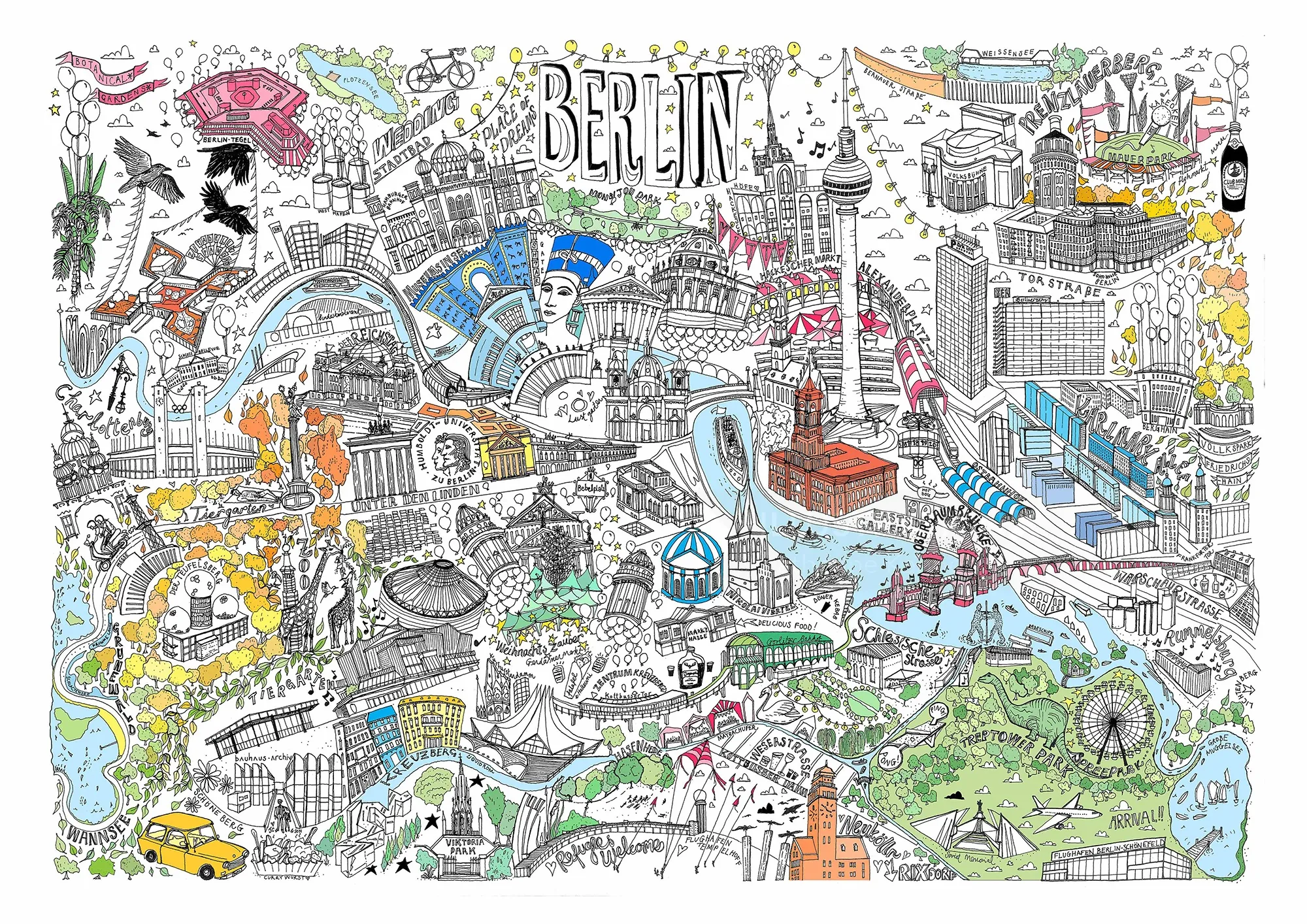 Carte illustrée de Berlin par Katherine Kannon présentant des monuments et des scènes de la ville