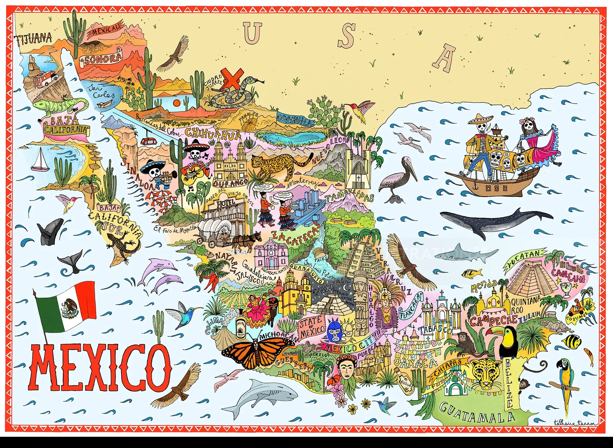 Carte illustrée du Mexique par Katherine Kannon, avec monuments et scènes côtières