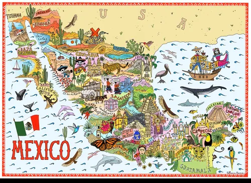 Carte illustrée du Mexique par Katherine Kannon, avec monuments et scènes côtières