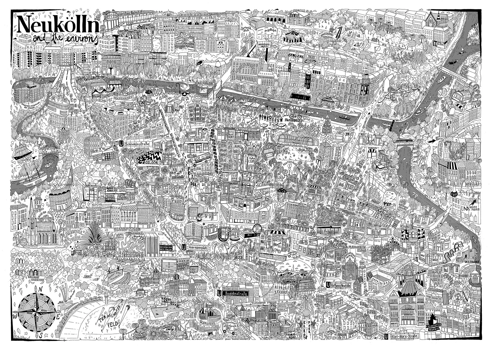 Carte illustrée détaillée de Neukölln par Katherine Kannon