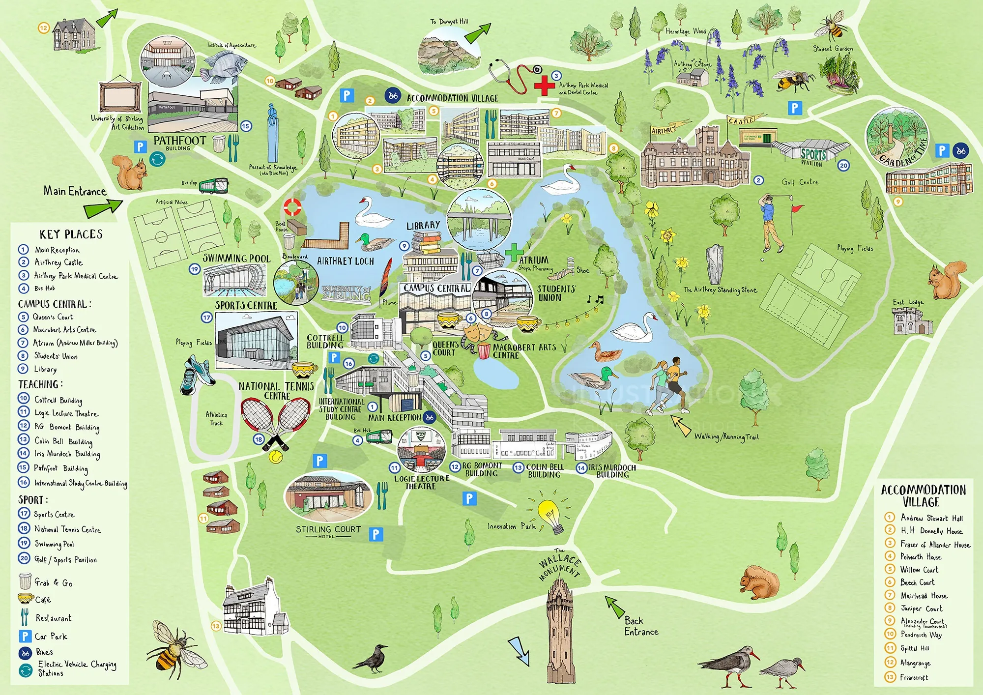 Illustrierte Parkkarte mit Sehenswürdigkeiten und Wegen von Katherine Kannon