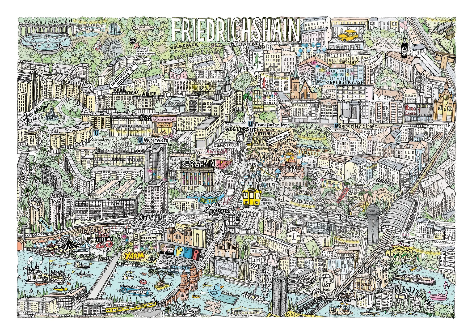 Carte illustrée détaillée du quartier de Friedrichshain à Berlin par Katherine Kannon