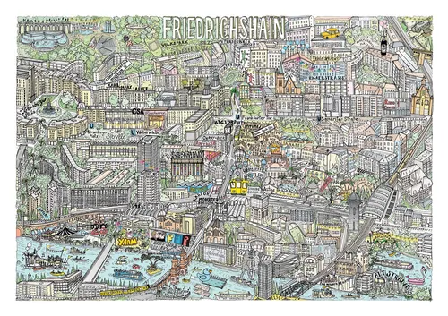 Carte illustrée détaillée du quartier de Friedrichshain à Berlin par Katherine Kannon