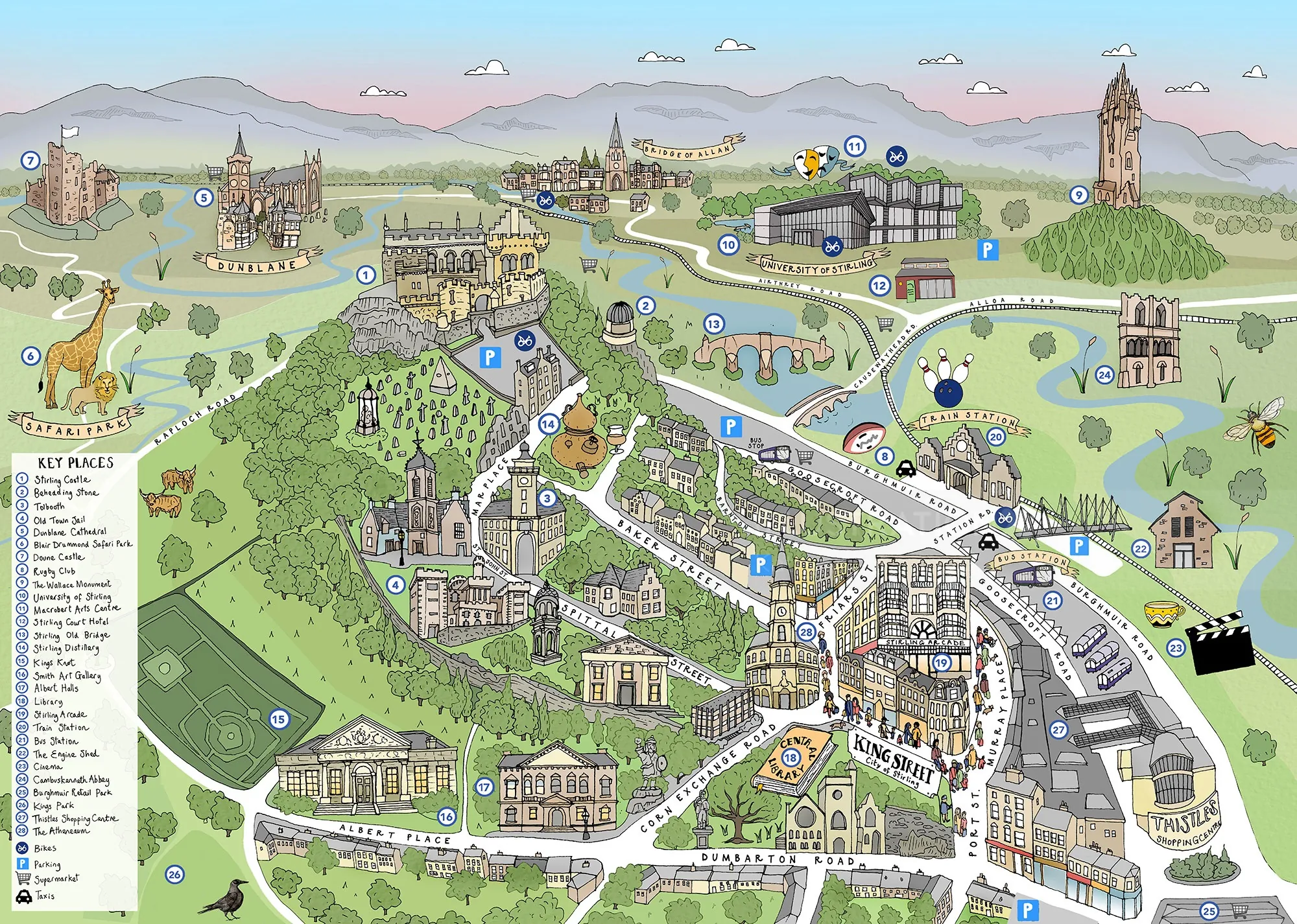 Carte illustrée de Stirling vue à vol d'oiseau par Katherine Kannon