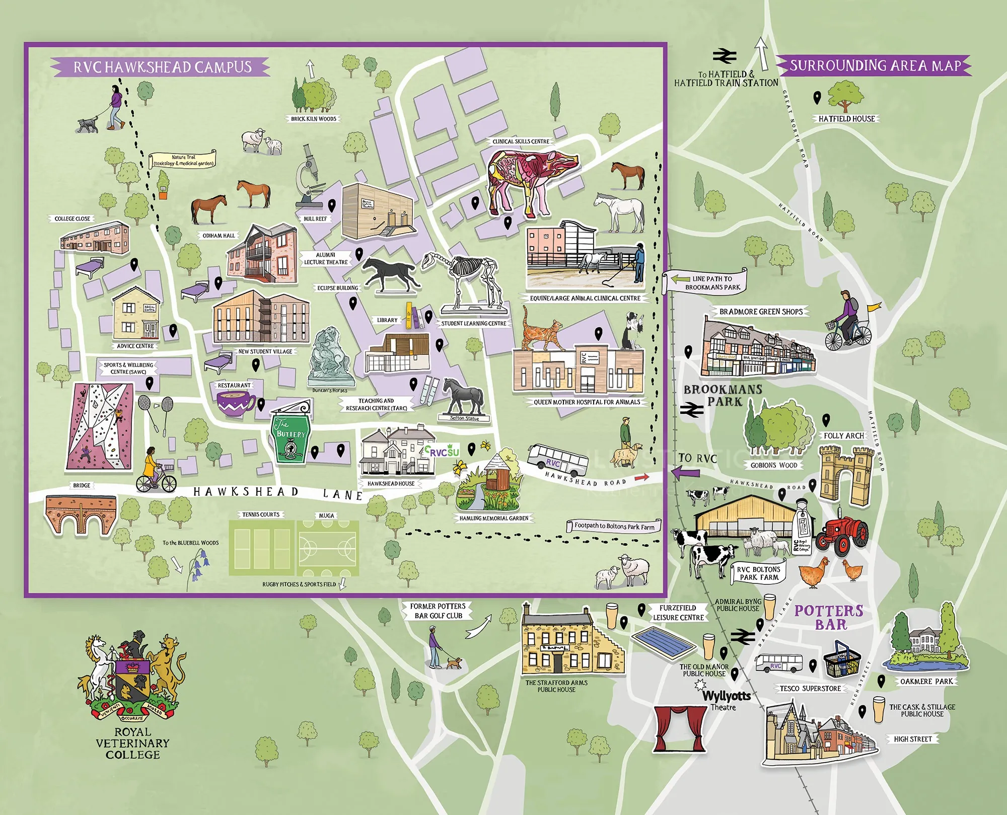 Illustrierter Lageplan des Campus des Royal Veterinary College von Katherine Kannon