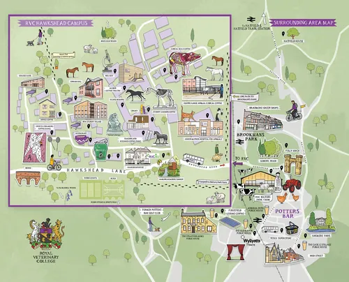 Plan illustré du campus du Royal Veterinary College par Katherine Kannon