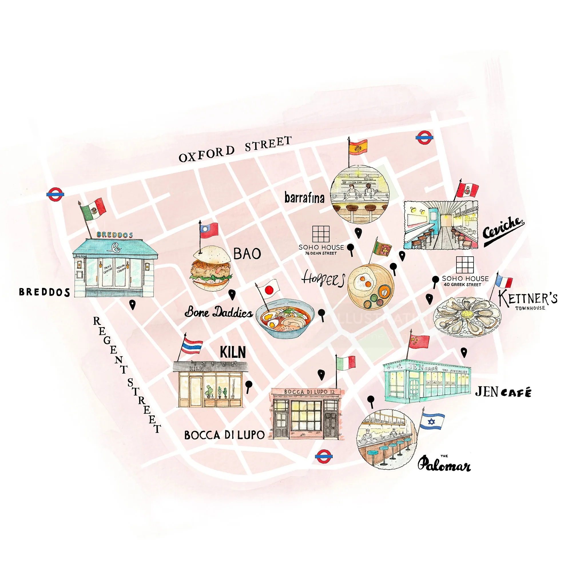 Illustration von Katherine Kannon: Eine farbenfrohe Restaurantkarte im Londoner Stadtteil Soho