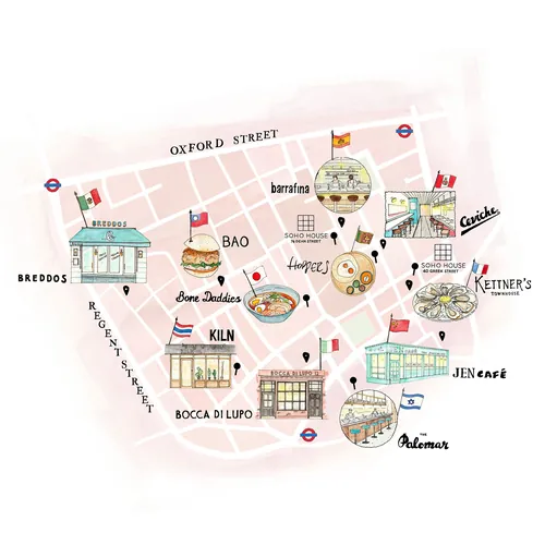 Illustration par Katherine Kannon d'une carte colorée des restaurants du quartier Soho à Londres