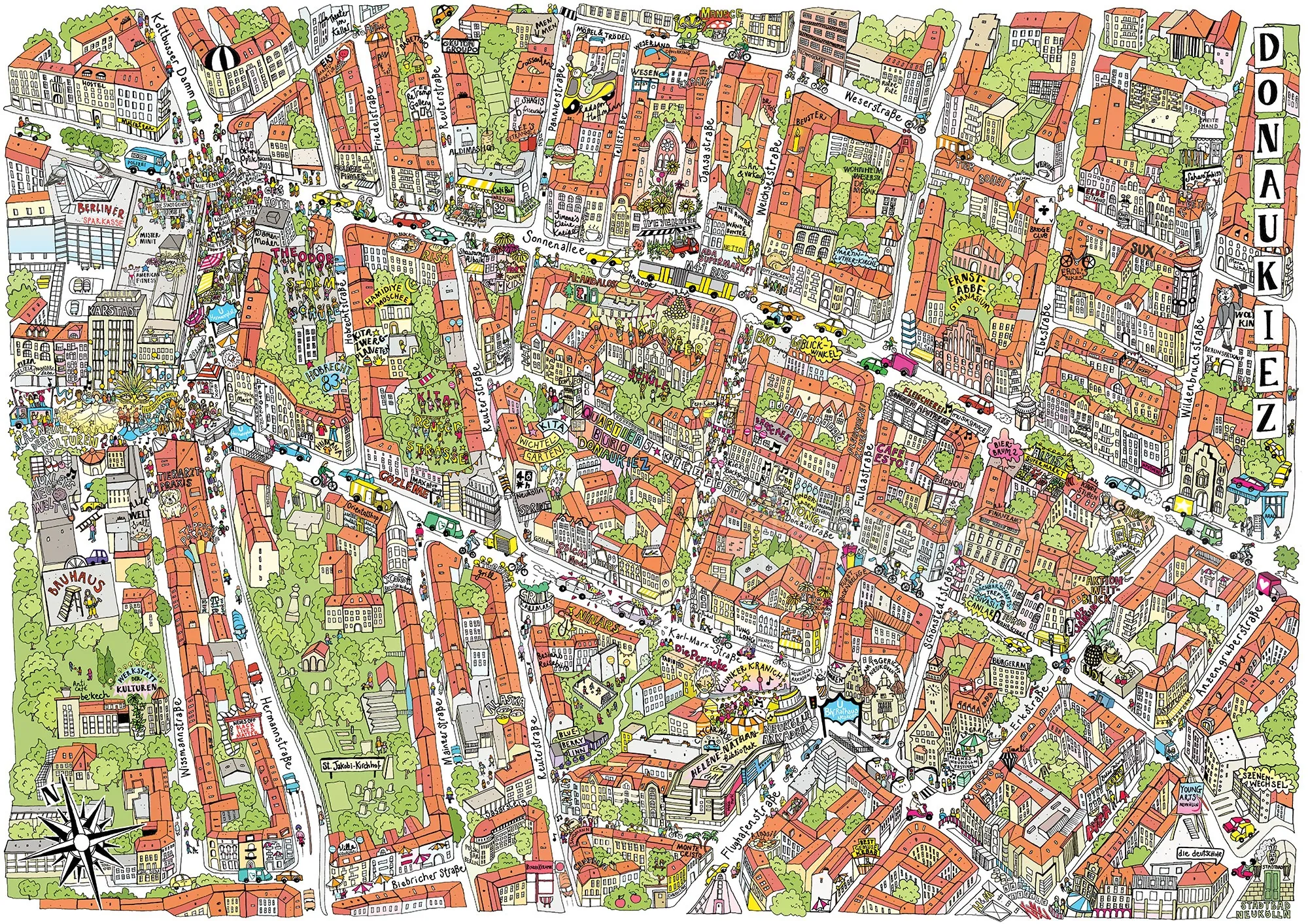 Carte illustrée détaillée de Vienne par Katherine Kannon, avec les rues, les parcs, les bâtiments et le Danube.