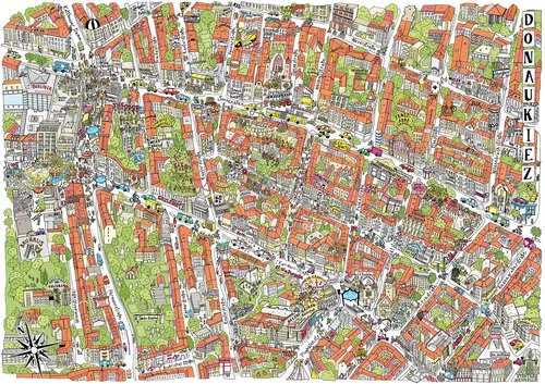 Carte illustrée détaillée de Vienne par Katherine Kannon, avec les rues, les parcs, les bâtiments et le Danube.