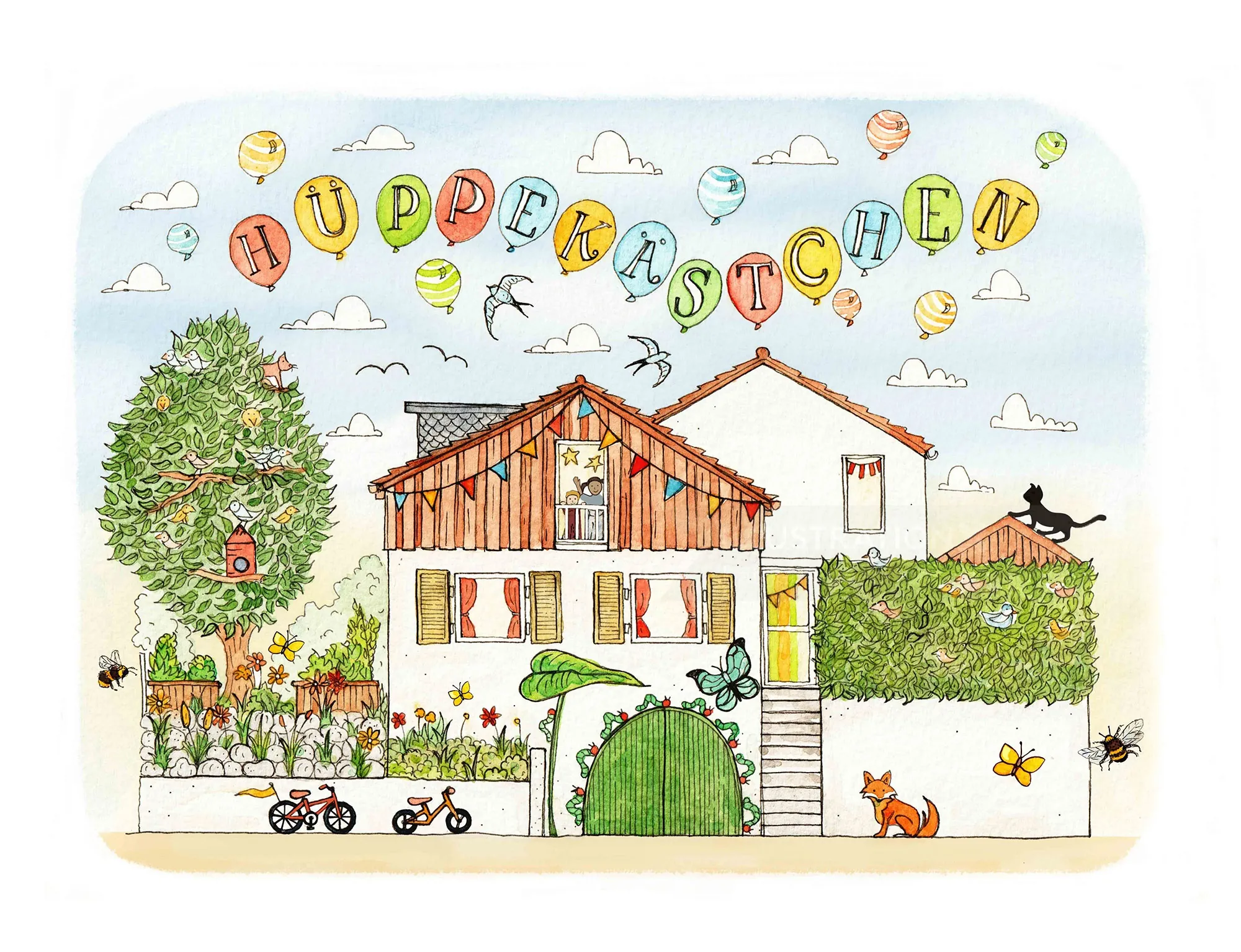 Illustration d'une maison de maternelle par Katherine Kannon avec des arbres, des vélos et un chat