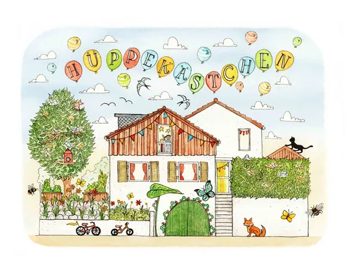 Illustration d'une maison de maternelle par Katherine Kannon avec des arbres, des vélos et un chat
