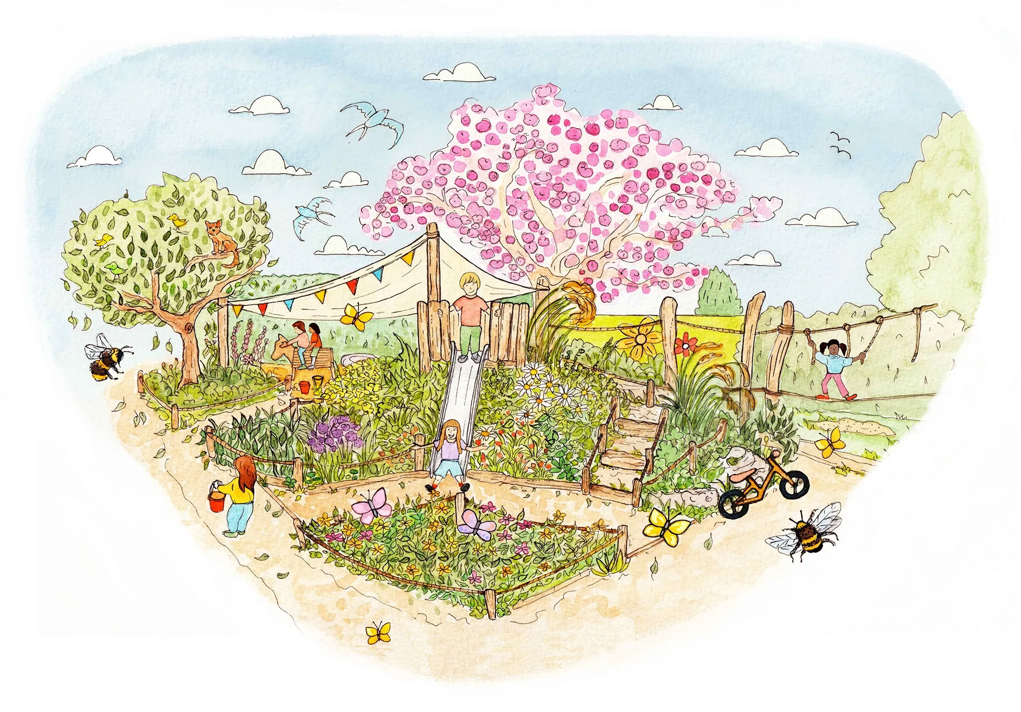 Des enfants jouant dans une aire de jeux de jardin, illustré par Katherine Kannon