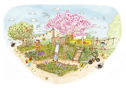 Des enfants jouant dans une aire de jeux de jardin, illustré par Katherine Kannon