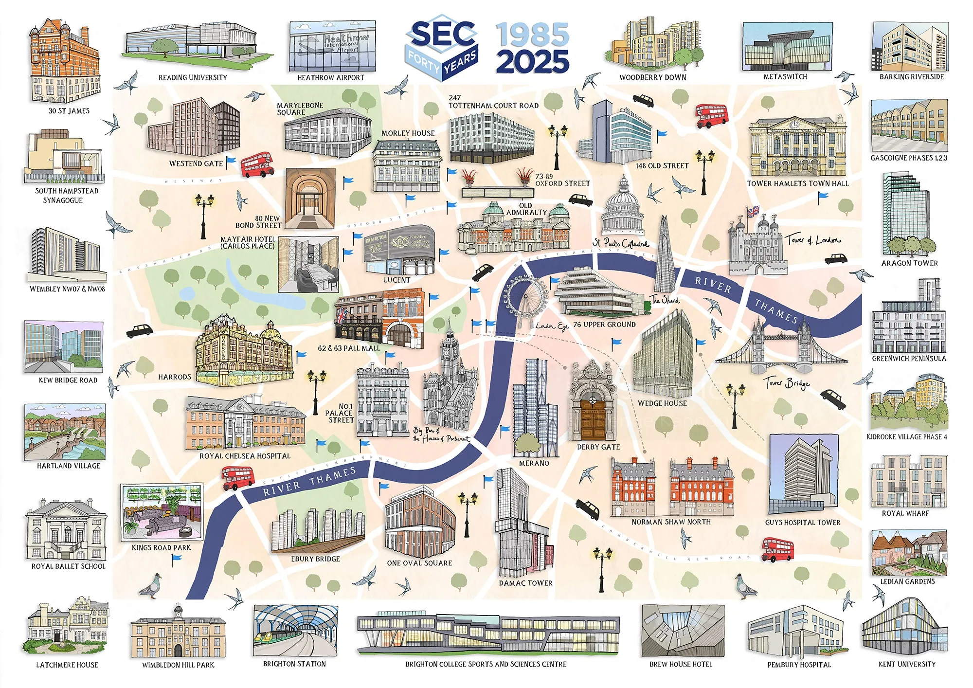Carte illustrée de la ville avec ses monuments, par Katherine Kannon