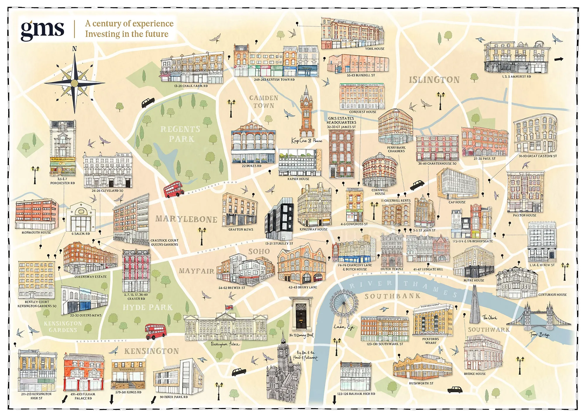 Carte illustrée de la ville avec bâtiments et monuments par Katherine Kannon