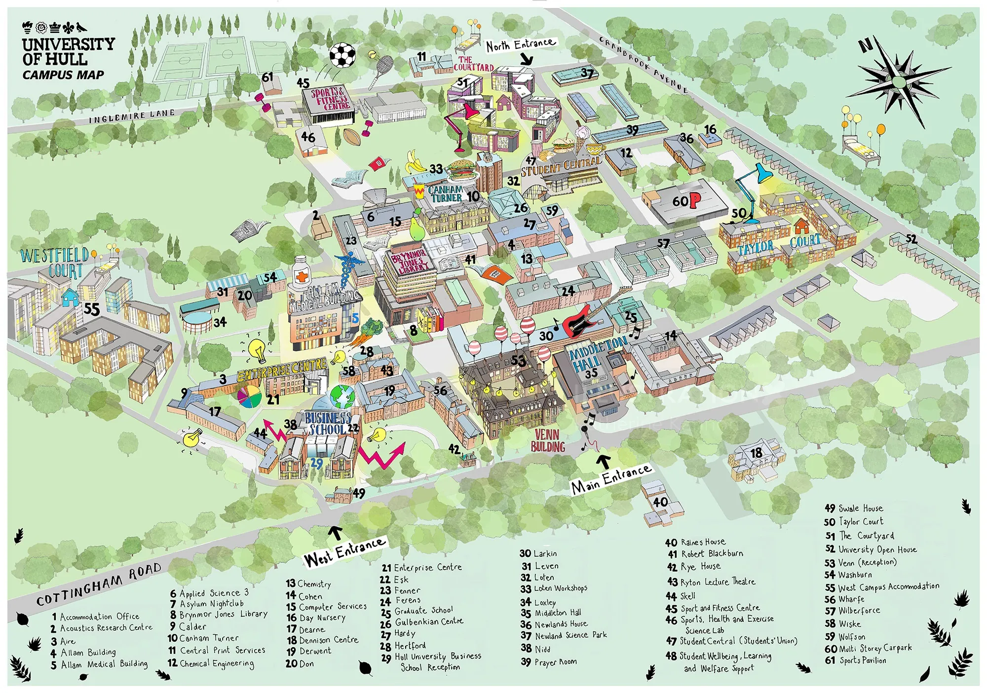 Carte aérienne illustrée du campus de l'Université de Puget Sound par Katherine Kannon