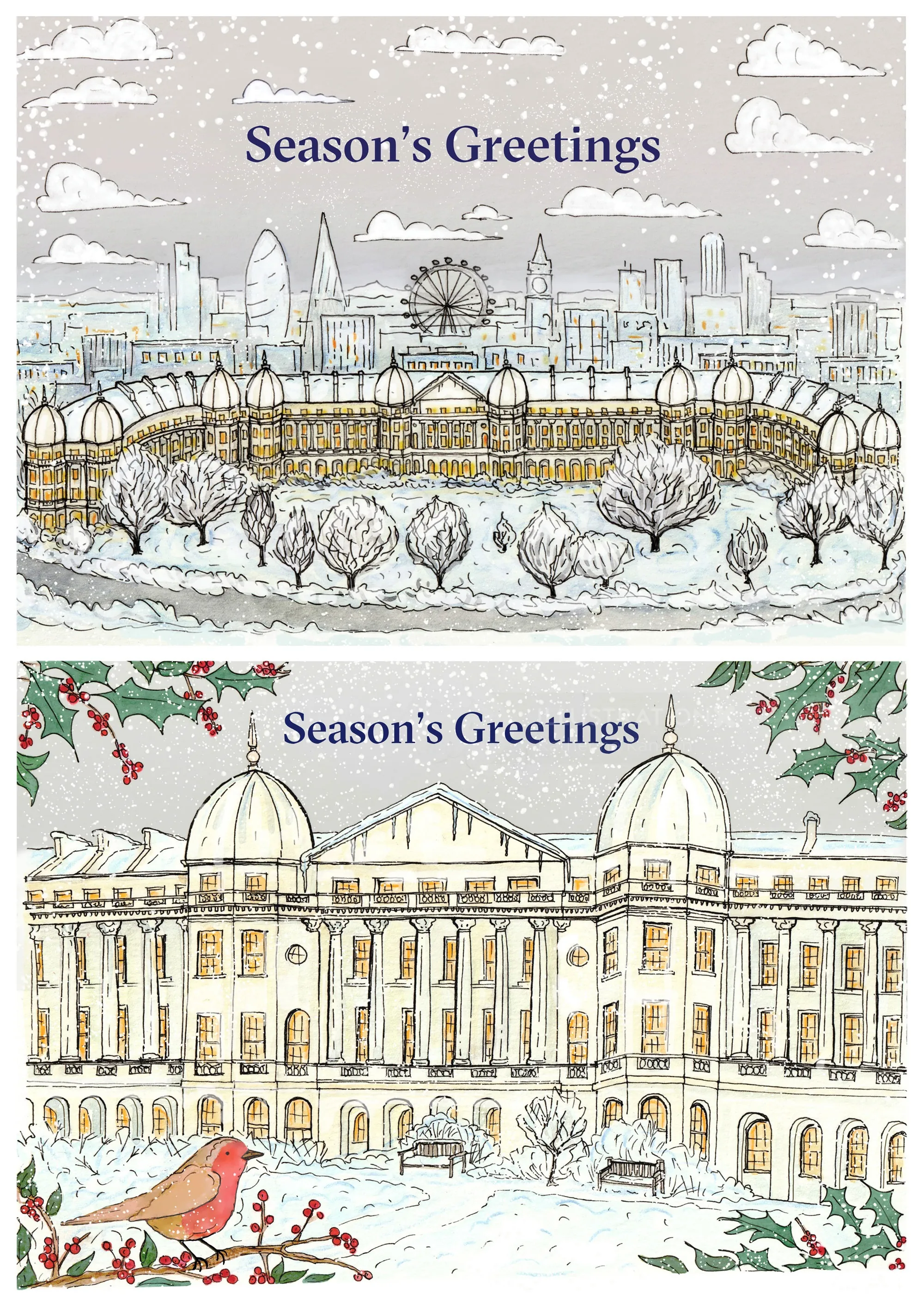 Cartes de vœux de Katherine Kannon présentant une architecture urbaine enneigée et des vœux de saison