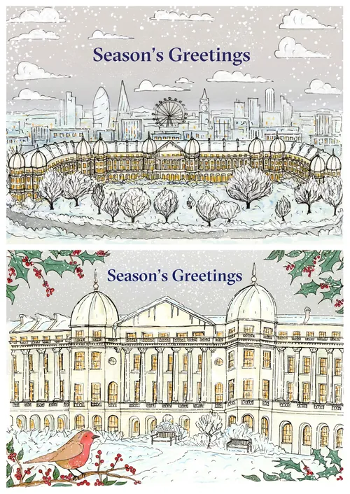 Cartes de vœux de Katherine Kannon présentant une architecture urbaine enneigée et des vœux de saison