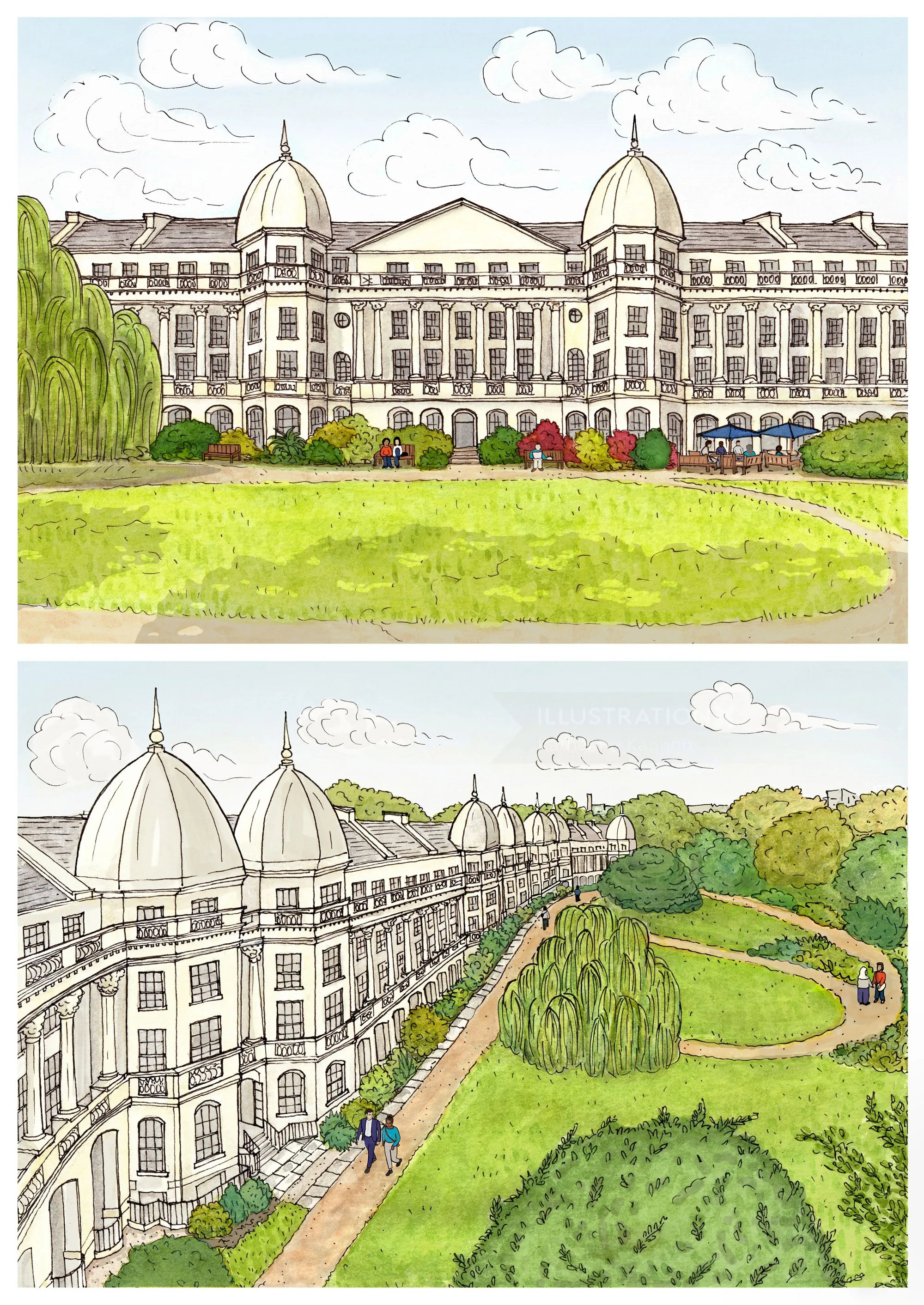 Illustration architecturale d'un jardin par Katherine Kannon montrant un grand bâtiment à dôme