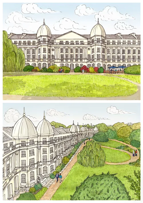 Illustration architecturale d'un jardin par Katherine Kannon montrant un grand bâtiment à dôme