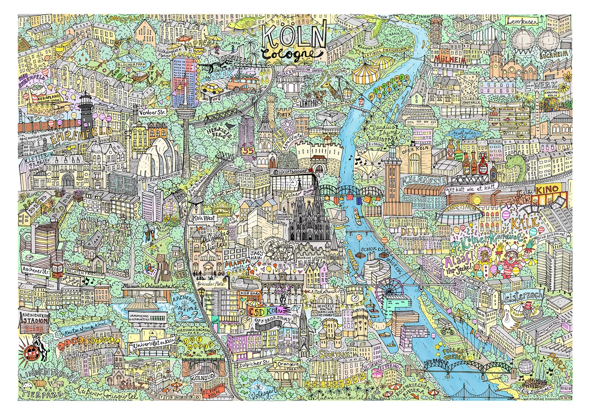 Illustrated map of London by Katherine Kannon showing the Thames and city landmarks.
