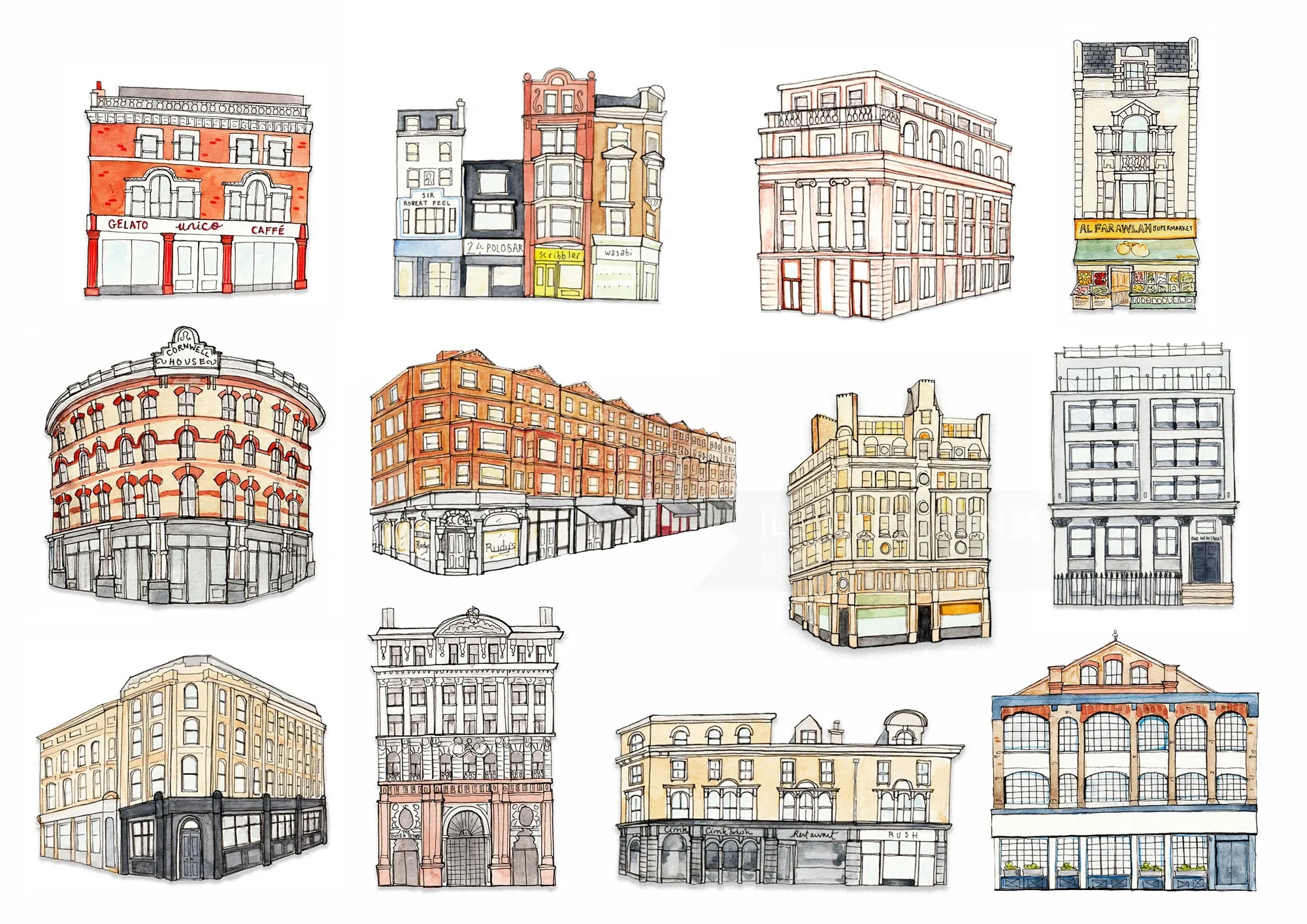 Illustrations de façades de bâtiments historiques par Katherine Kannon