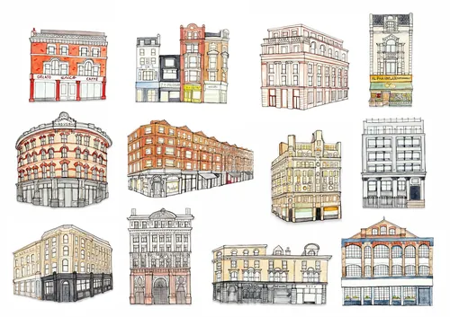 Illustrations de façades de bâtiments historiques par Katherine Kannon