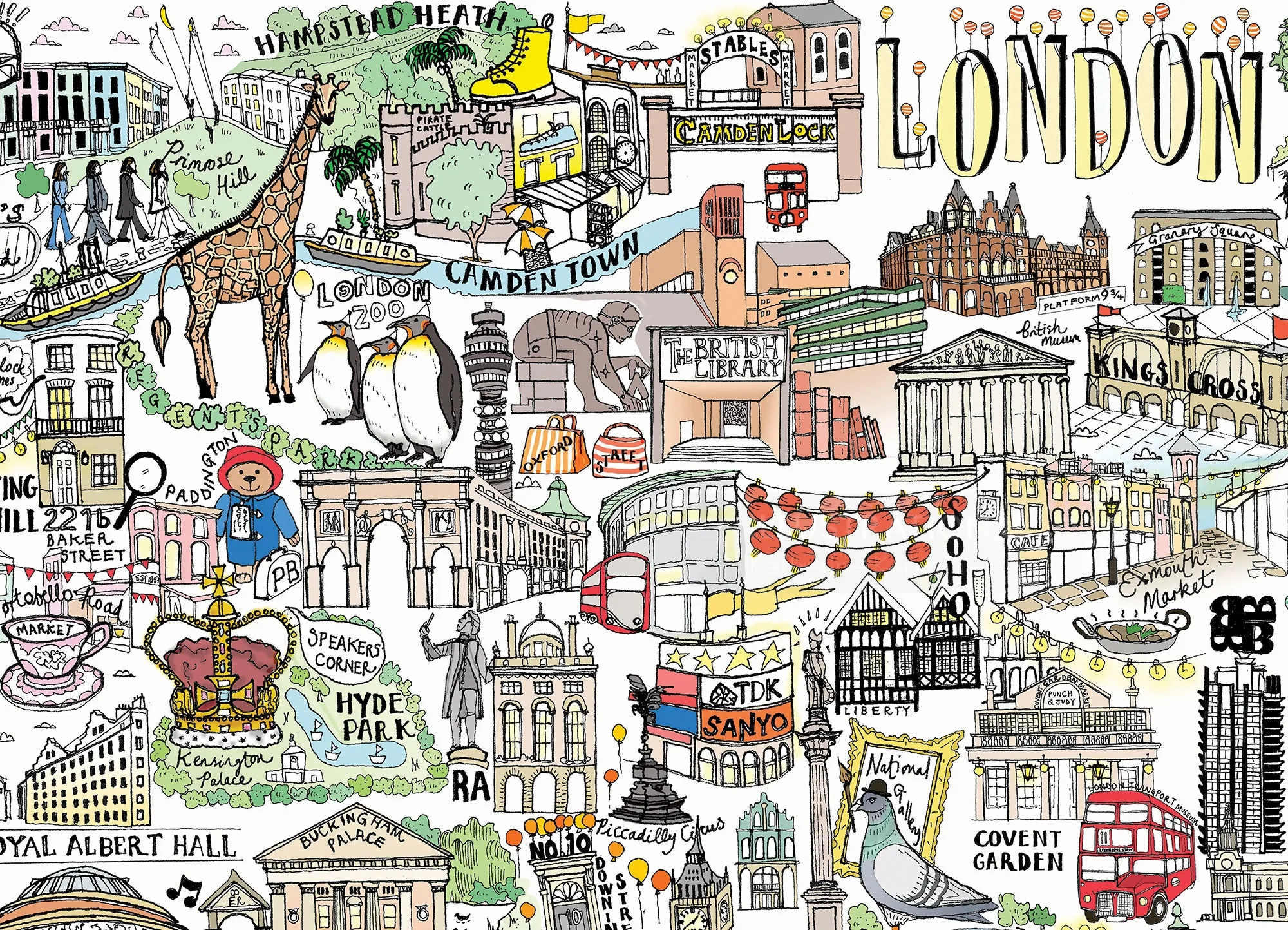 Carte illustrée et colorée des monuments et quartiers de Londres par Katherine Kannon
