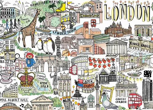 Carte illustrée et colorée des monuments et quartiers de Londres par Katherine Kannon