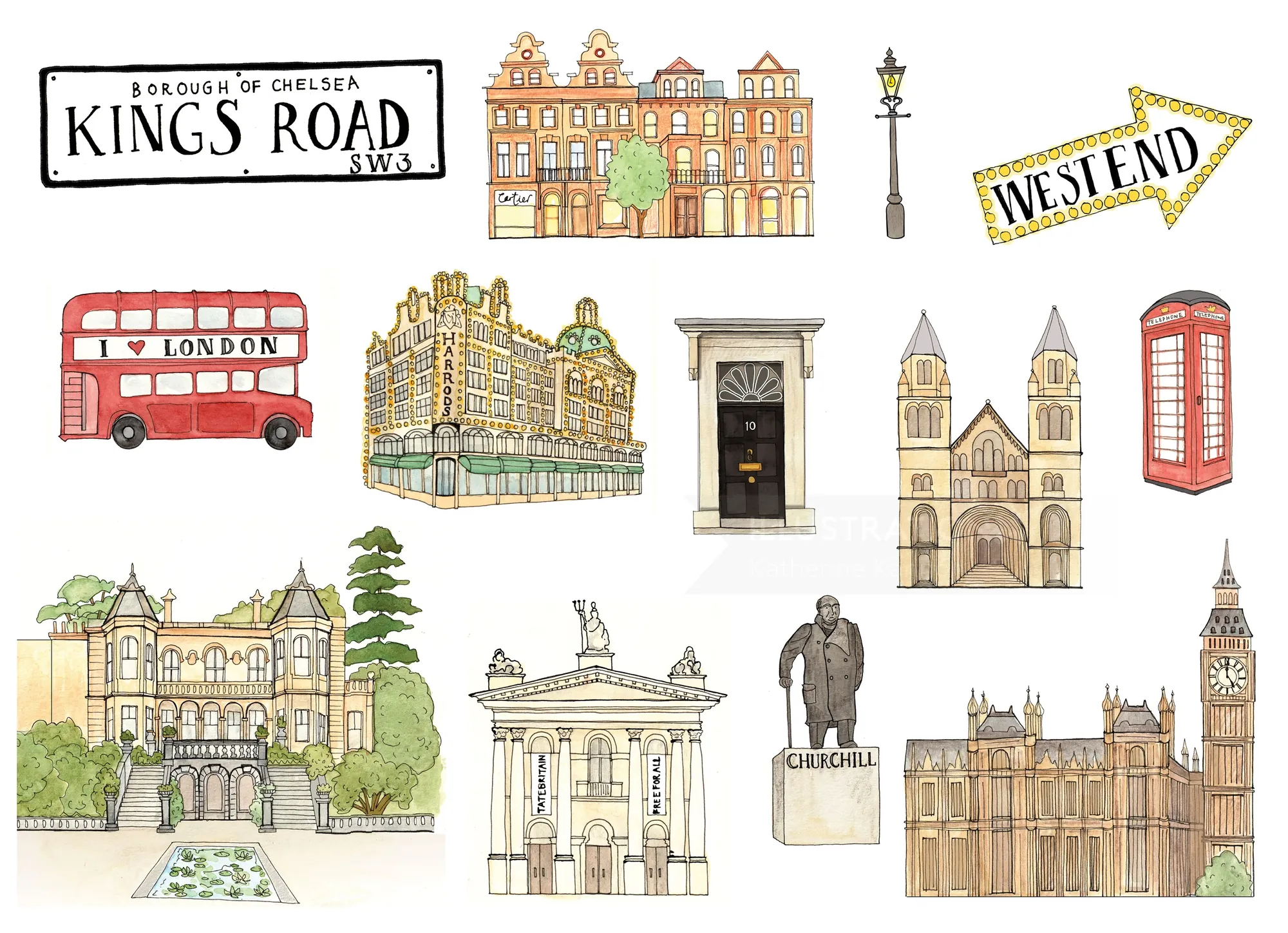 Illustration von Katherine Kannon: Londoner Wahrzeichen, rote Busse, Big Ben und historische Gebäude