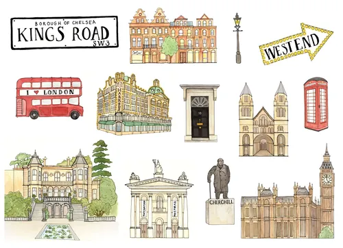 Illustration de Katherine Kannon représentant les monuments londoniens, les bus rouges, Big Ben et les bâtiments historiques.