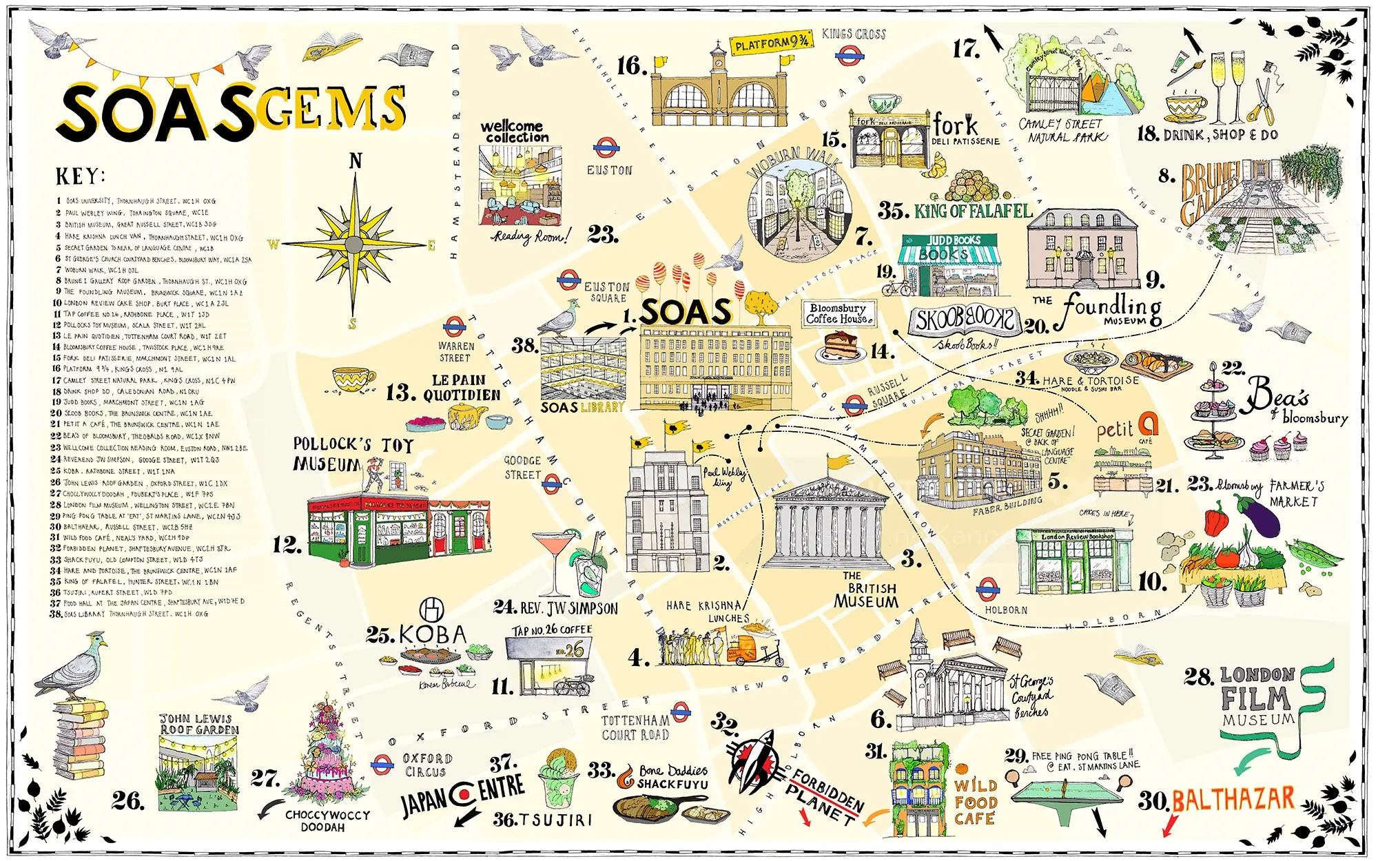 Carte illustrée de SOAS par Katherine Kannon montrant les points de repère et l'emplacement du campus.