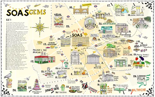 Carte illustrée de SOAS par Katherine Kannon montrant les points de repère et l'emplacement du campus.