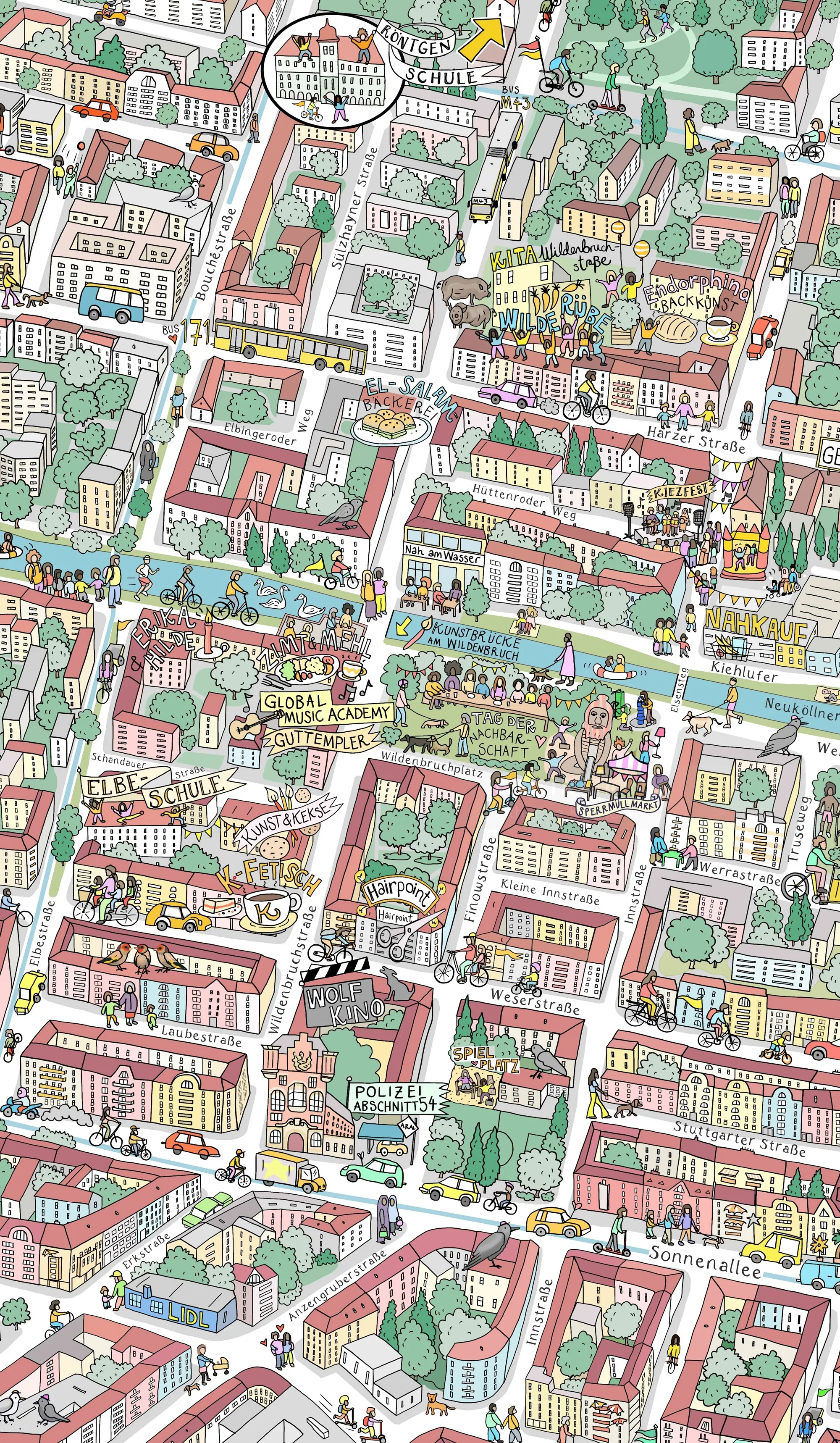 Carte de ville illustrée et colorée détaillée par Katherine Kannon
