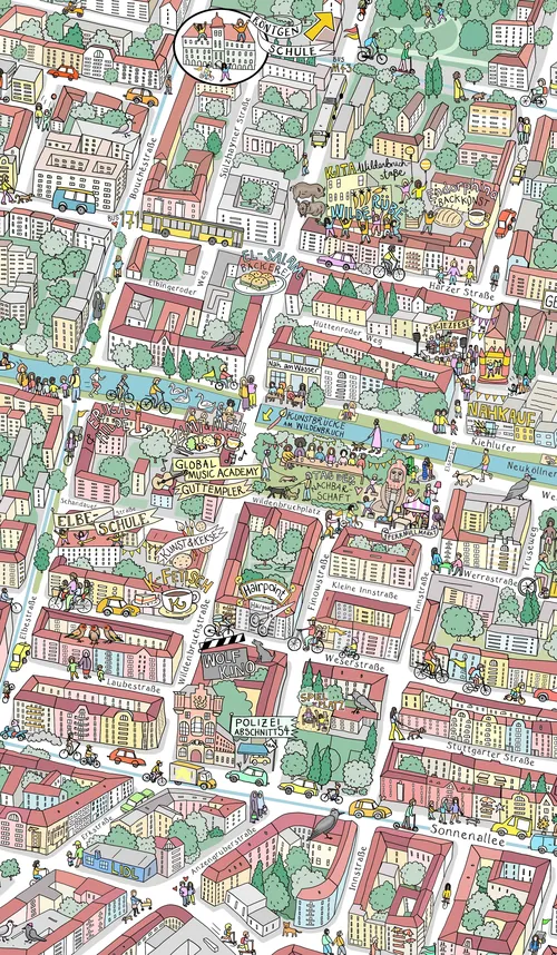 Carte de ville illustrée et colorée détaillée par Katherine Kannon