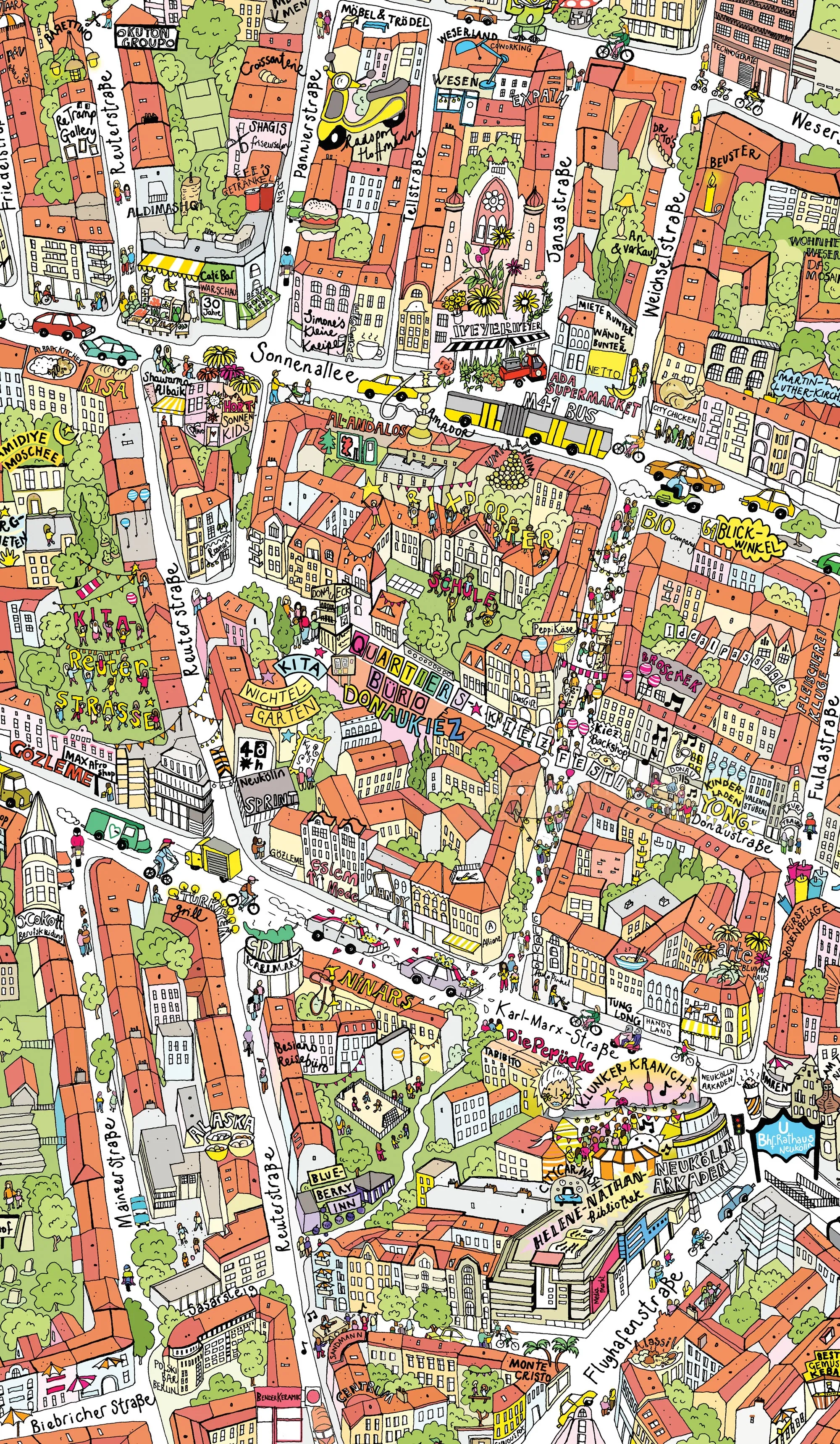 Carte de ville illustrée et colorée par Katherine Kannon, avec rues, bâtiments, parcs et voies navigables