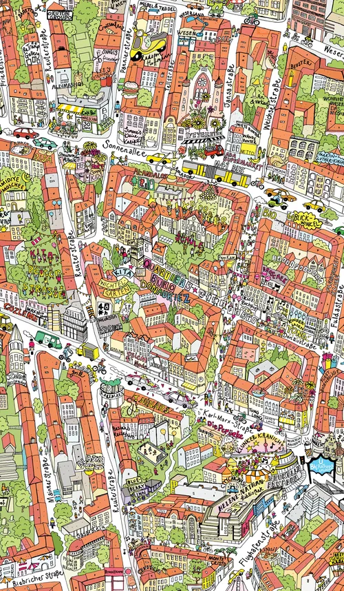 Carte de ville illustrée et colorée par Katherine Kannon, avec rues, bâtiments, parcs et voies navigables