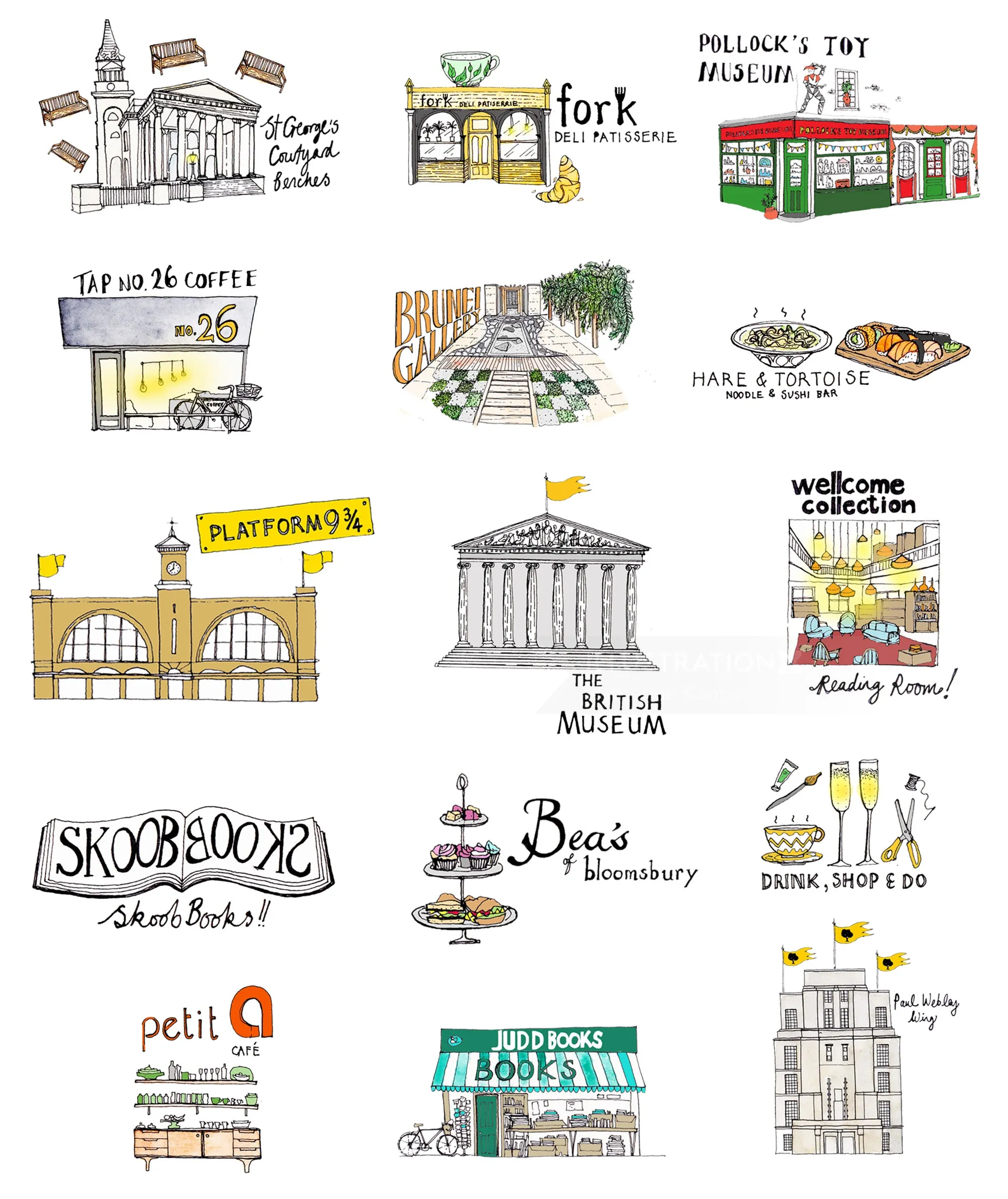 キャサリン・キャノンによるロンドンのランドマーク、カフェ、書店、市場を描いたイラスト