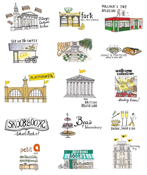 Illustrations de Katherine Kannon représentant les monuments, cafés, librairies et marchés londoniens.