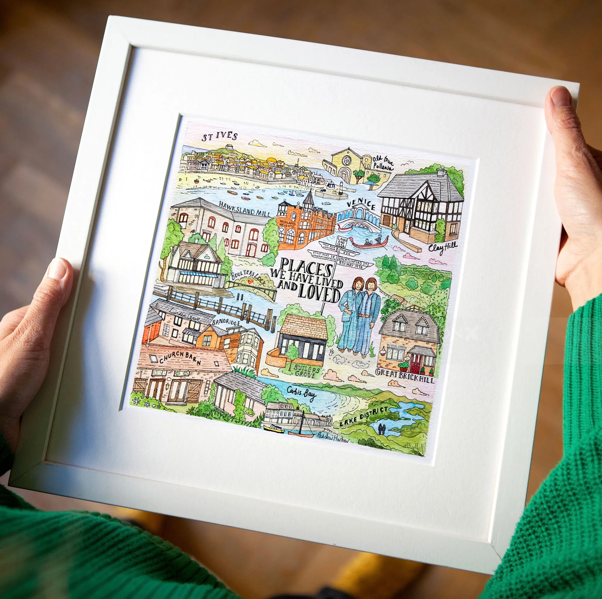 Illustration de Katherine Kannon représentant une carte de village colorée dans un cadre blanc