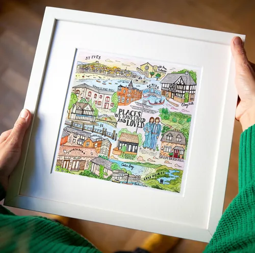 Illustration de Katherine Kannon représentant une carte de village colorée dans un cadre blanc