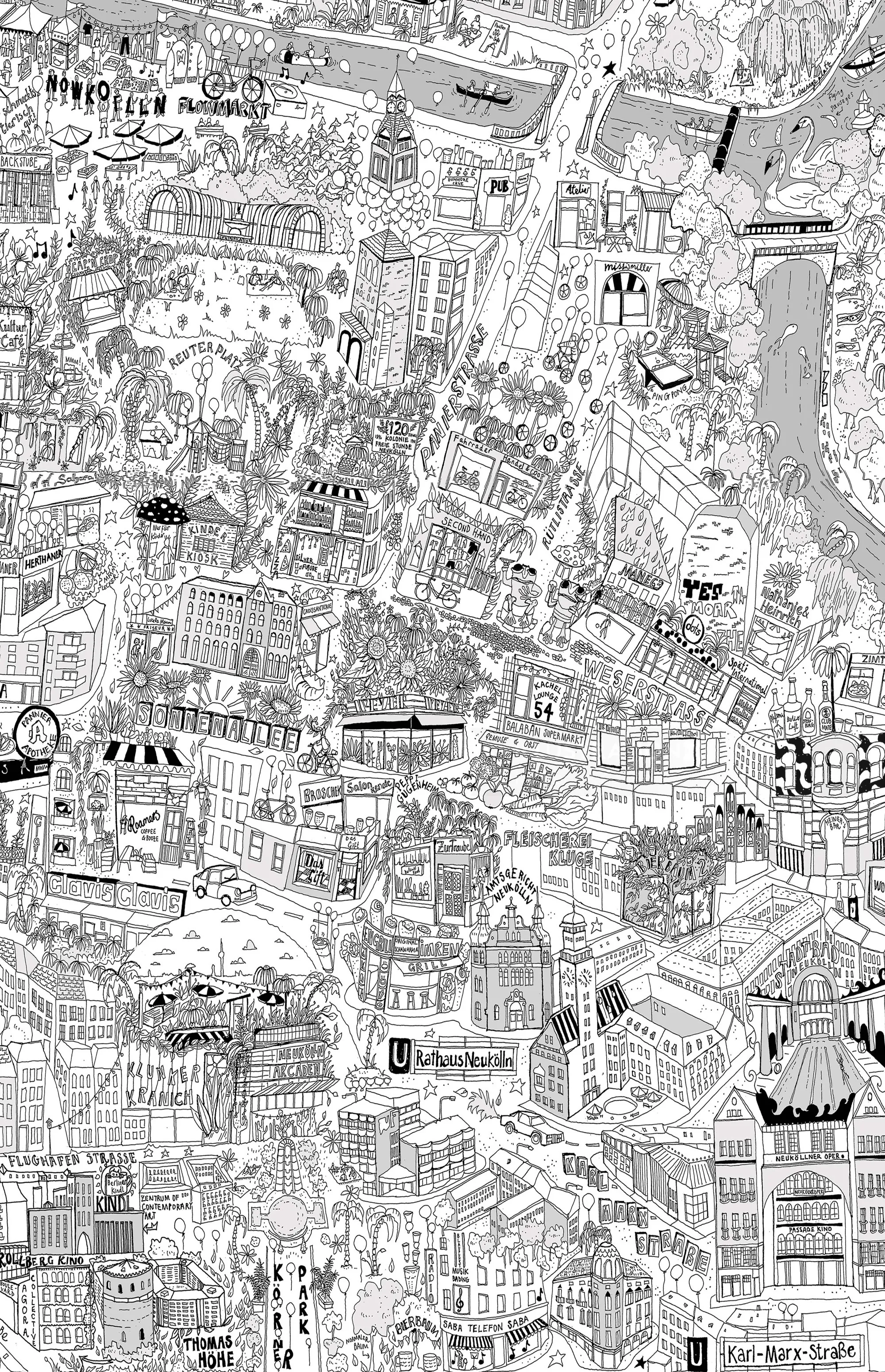 Carte de ville détaillée en noir et blanc illustrée par Katherine Kannon