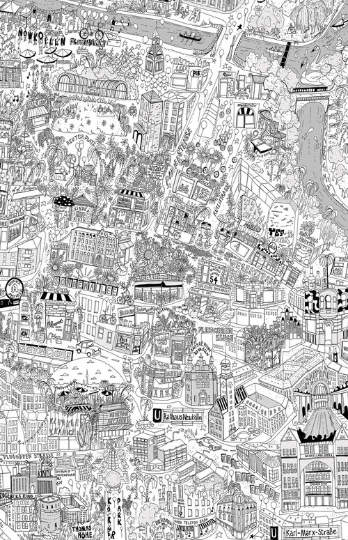 Carte de ville détaillée en noir et blanc illustrée par Katherine Kannon